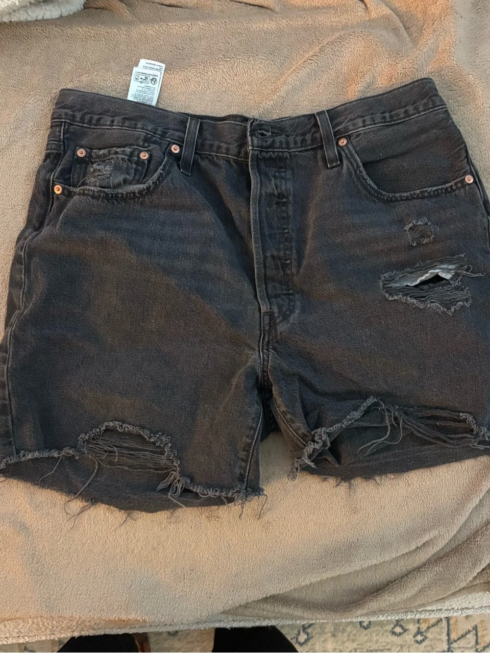 Levi's 501 Mid Thigh Black Distressed Jean Shorts with Frayed Hem - Picture 5 of 6